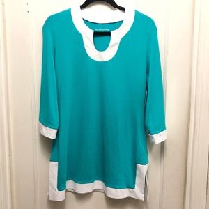 Soft Surroundings Women’s Tunic Classic Top Round Neck Turquoise with White Trim